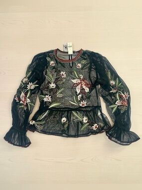 Anthropologie Black Sheer Top Floral Embroidered and Beaded Embellishment Size S